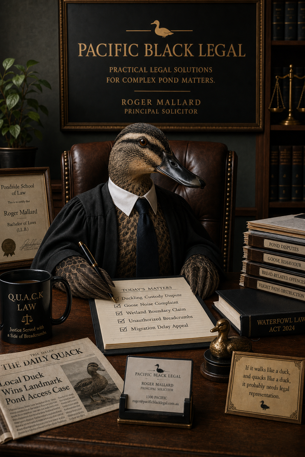Roger Mallard, a Pacific Black Duck in legal attire, seated in a traditional law office.